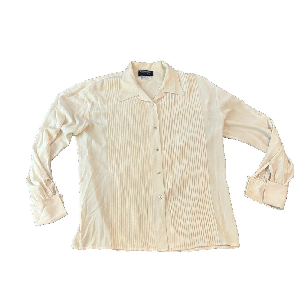 Pintuck 100% Silk Ivory Womens Blouse 12 Country Shop French Cuff Quiet Luxury